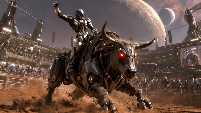 Armored futuristic rider raises a fist while riding a robotic bull inside an alien coliseum