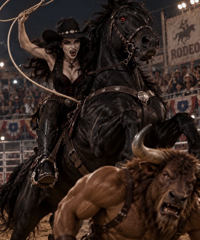 Vampire cowgirl on a rearing black horse prepares to lasso a minotaur at a night rodeo
