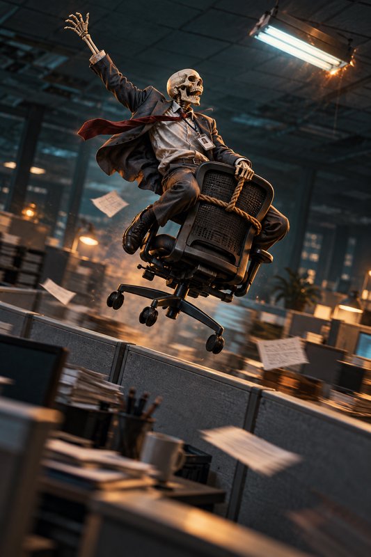 Jubilant skeleton businessman floating on an office chair above a cluttered office cubicle farm
