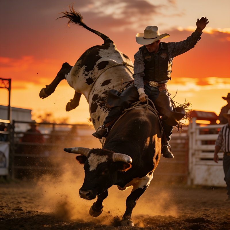 Cowboy bull rider balances on a bucking spotted bull in a dirt rodeo arena at sunset