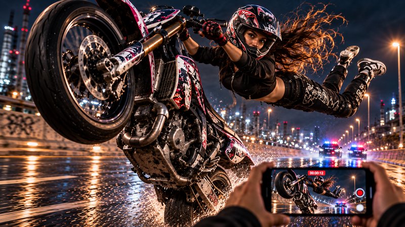 Female stunt rider hangs off a wheeling motorcycle on a wet night city road as a bystander films the pursuit
