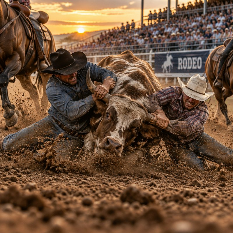 Two cowboys grapple with a longhorn steer in a muddy rodeo arena at golden sunset