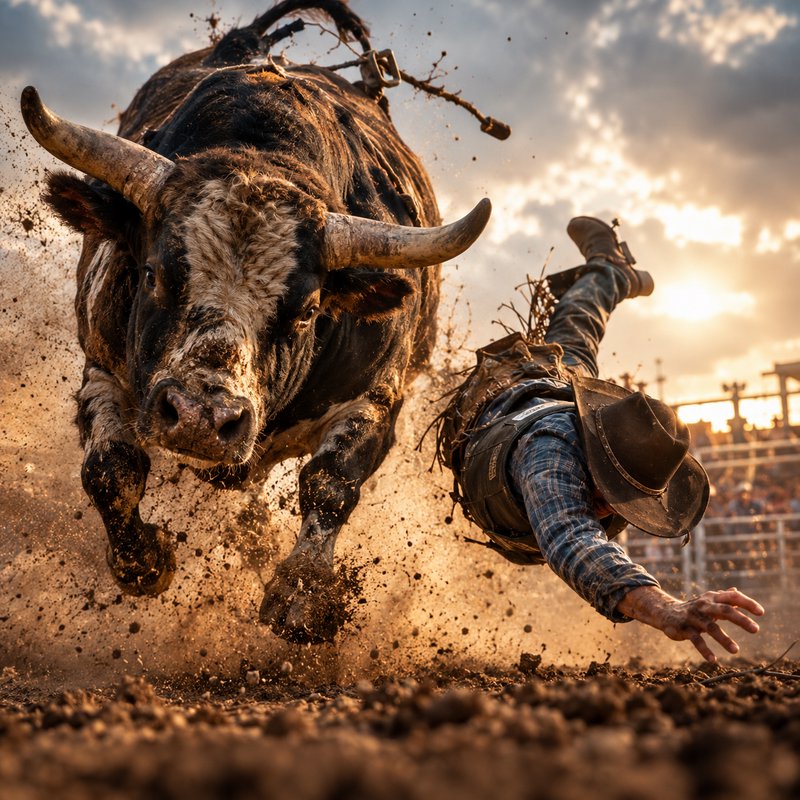 Bucking bull throws a rodeo cowboy mid-fall in a dusty arena at golden sunset
