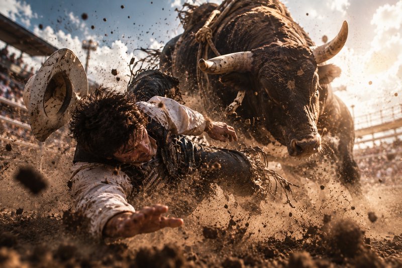 Cowboy bull rider falls from a bucking longhorn bull in a muddy sunlit rodeo arena