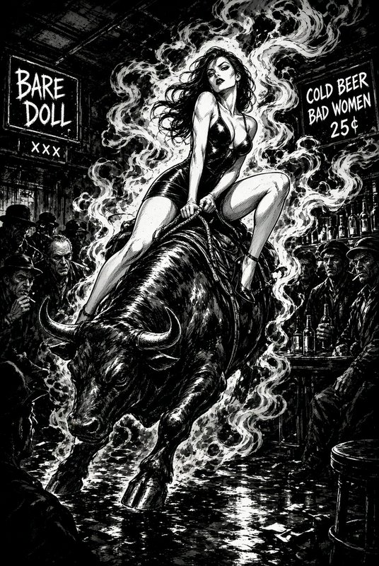 Stylish femme fatale rides a bucking bull through a smoky vintage saloon as patrons look on