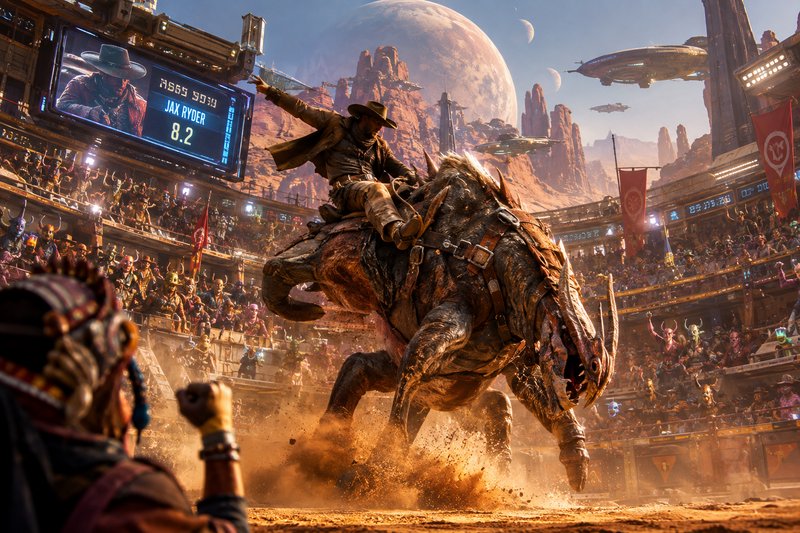 Space cowboy riding a bucking spiked alien beast in a crowded futuristic desert arena