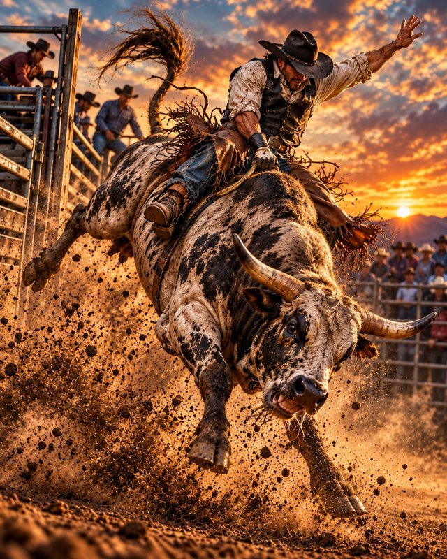 Cowboy bull riding on a bucking spotted bull during a golden hour sunset rodeo