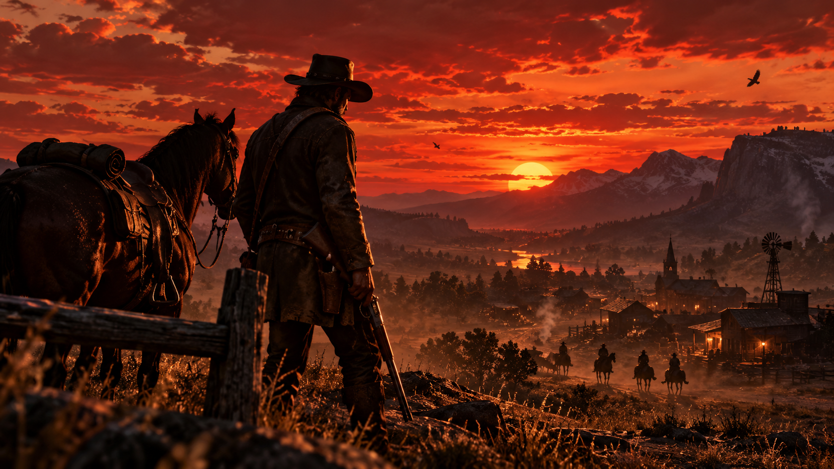 Gunslinger stands beside his saddled horse overlooking a frontier western town at a fiery red sunset
