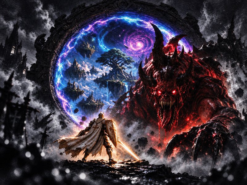 Armored holy knight facing a massive horned red demon before a glowing magical portal to a fantasy realm