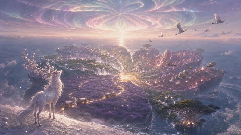 White mythical stag with blossom antlers gazes at swirling aurora above a floating petal-shaped fantasy archipelago