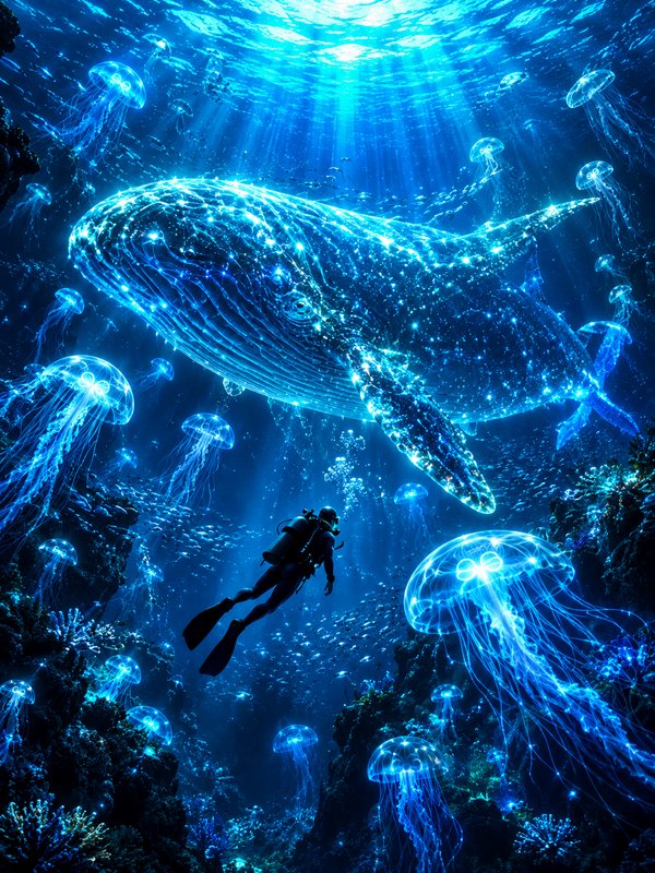 Scuba diver observes a glowing bioluminescent whale and jellyfish in a sunlit deep blue underwate...