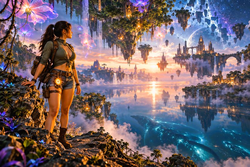 Female adventurer stands on a rocky cliff gazing at a floating fantasy archipelago at golden sunset