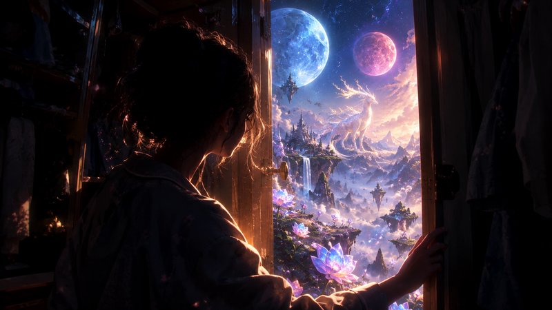 Woman opens a wardrobe door to reveal a glowing magical fantasy realm with a celestial deer and twin moons