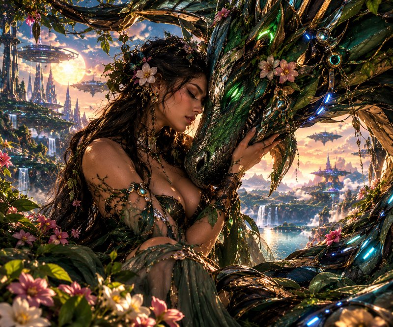 Elven nature queen tenderly embraces a glowing cybernetic dragon above a magical floating fantasy city at sunset
