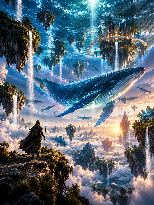 Hooded wizard stands on a cliff gazing at a giant glowing flying whale above floating sky islands