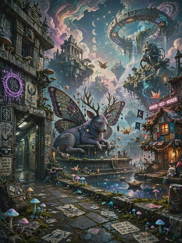 Winged purple mythical stag rests on a fountain in a surreal floating mythpunk cityscape