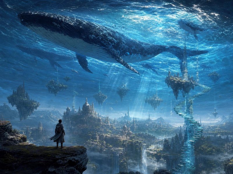 Lone robed traveler stands on a cliff gazing at a magical floating city as giant whales swim over...