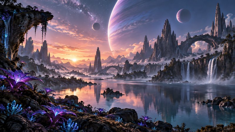 Lush alien planet landscape with glowing flora, waterfalls, and a giant gas planet above a calm s...