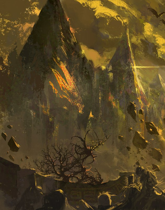 Ominous dark fantasy landscape with jagged spires, twisted dead trees, and glowing golden storm c...