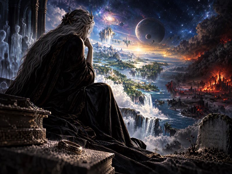Pensive robed silver-haired monarch gazes out over a vast divided cosmic fantasy landscape