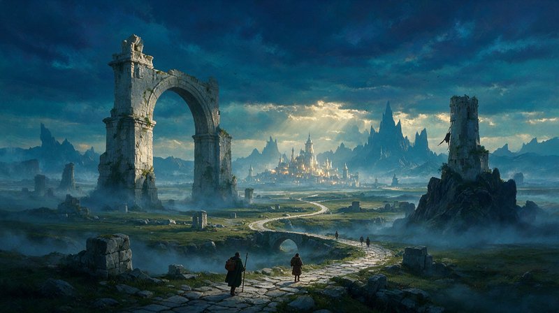 Travelers walk a ruined stone road past ancient arch ruins toward a glowing spired fantasy city a...