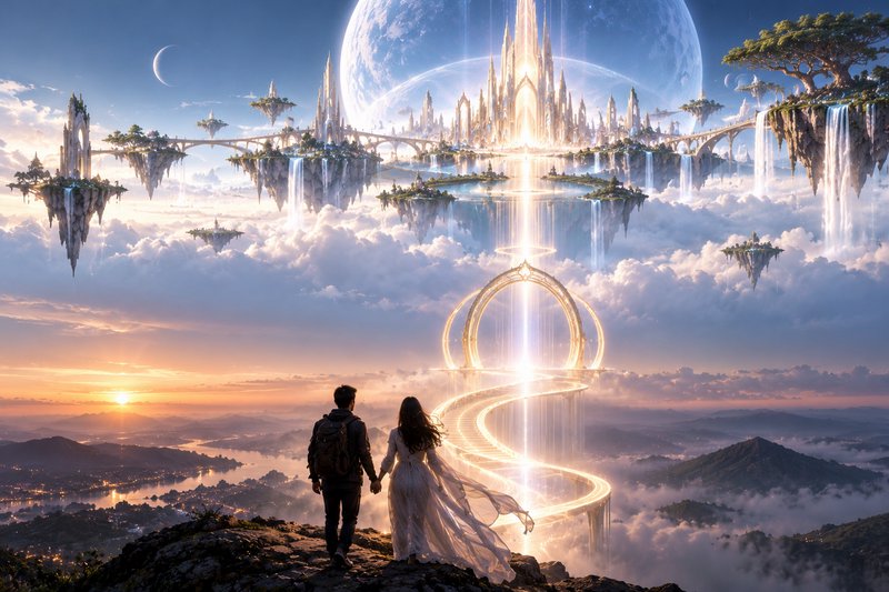 Couple holding hands on a mountain peak gazing at a glowing floating fantasy city above the clouds