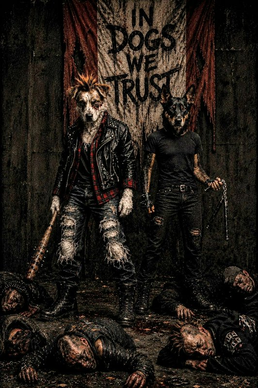 Two anthropomorphic dog punk characters stand over defeated enemies under an "In Dogs We Trust" banner
