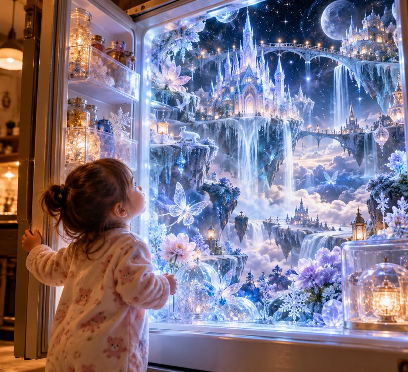 Wide-eyed toddler in fuzzy pajamas gazes into an open fridge holding a glowing magical frozen castle realm