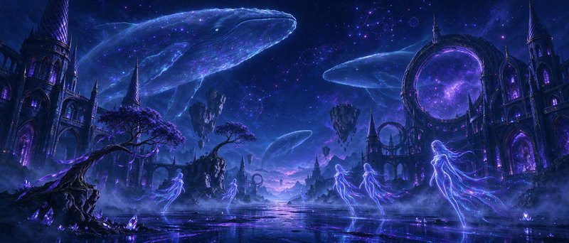 Ethereal glowing spirits and cosmic sky whales float above a magical gothic starry fantasy realm