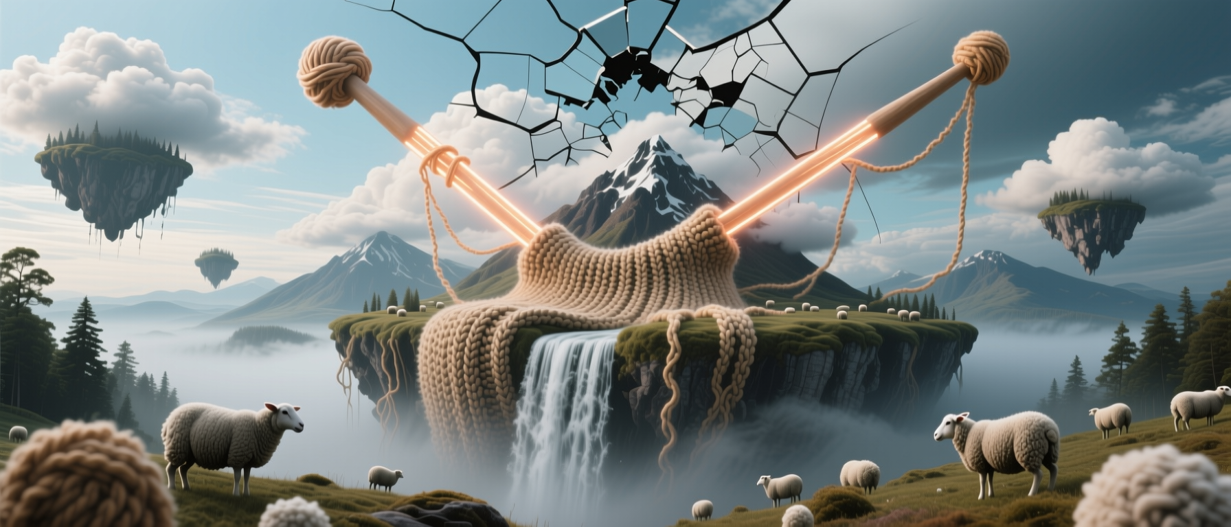 Surreal fantasy landscape featuring giant glowing knitting needles, floating islands, sheep, and a cracked sky above a