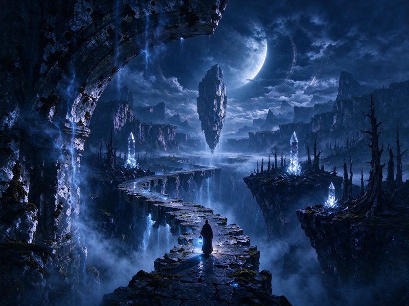 Hooded traveler with glowing lantern stands on a ruined stone bridge in a moonlit fantasy realm