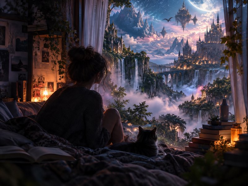 Woman and tabby cat sit on a rumpled bed gazing out at a glowing fantasy kingdom landscape at twilight