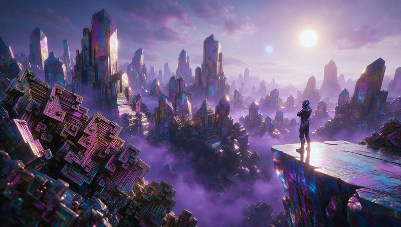Futuristic astronaut stands on a crystal cliff overlooking a vast iridescent alien spire city.