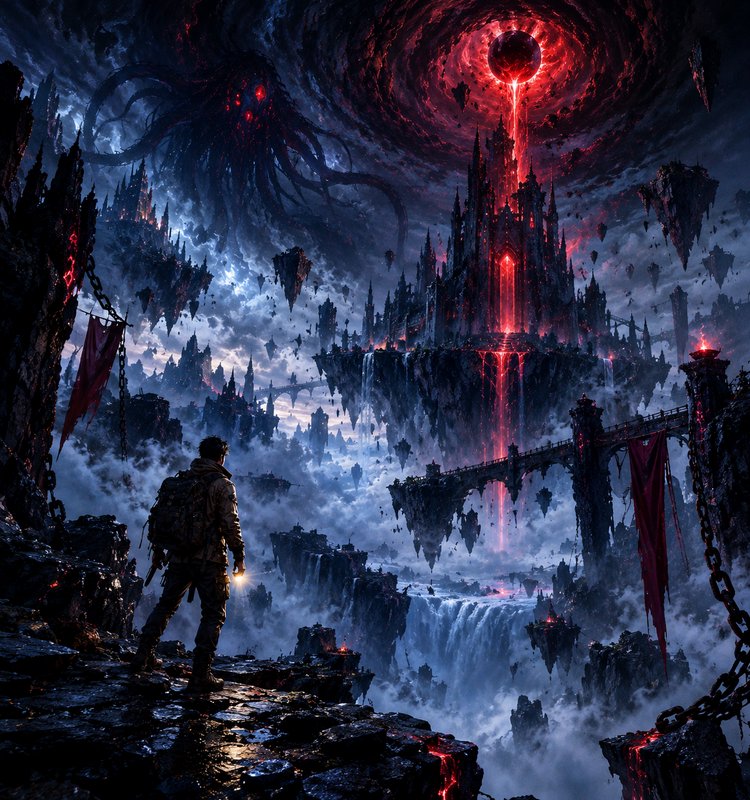 Lone explorer with a flashlight gazes at a cursed floating fortress and cosmic horror entity in a...