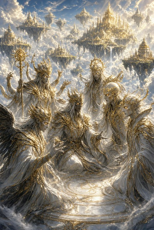 Council of gilded celestial divine beings gathers above floating golden sky castles in the clouds