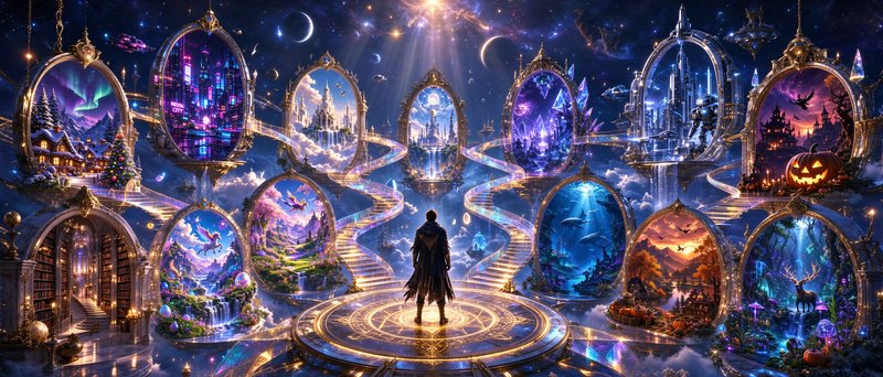 Hooded figure stands on a glowing magic platform surrounded by gilded portals leading to diverse ...