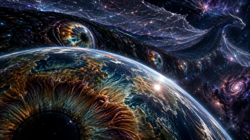 Surreal eye-patterned alien planet and cosmic serpent dragon float through starry nebula space