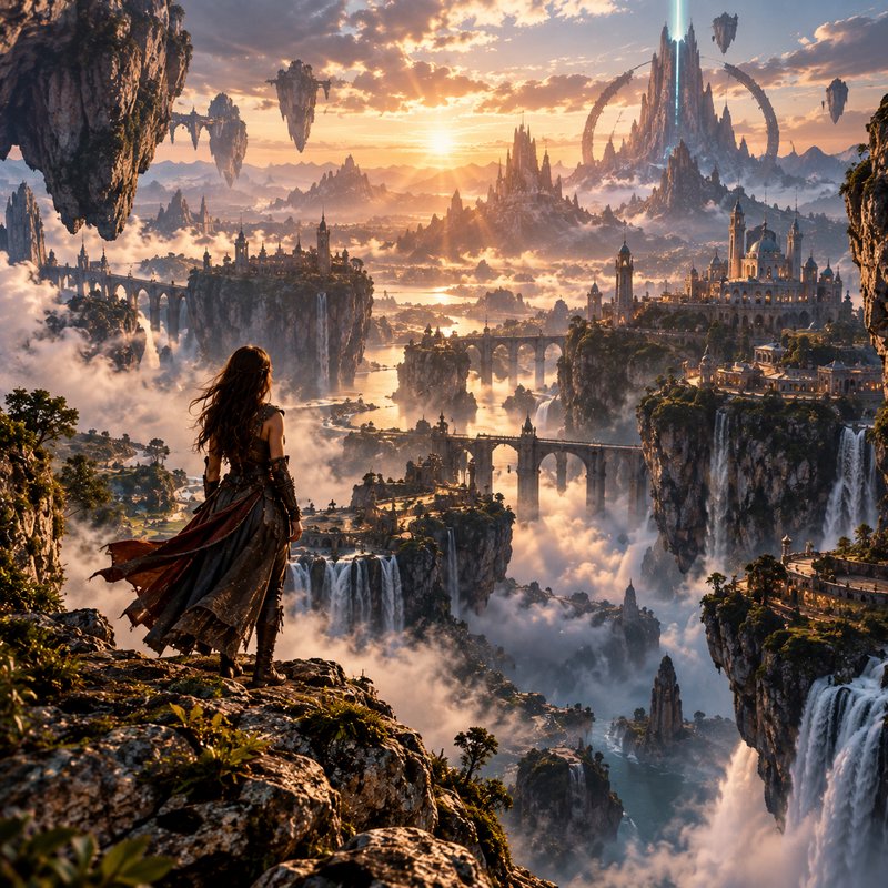 Lone fantasy warrior stands on a cliff overlooking a floating magical kingdom at golden sunset