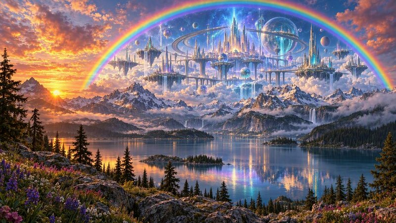 Floating crystal fantasy city sits beneath a full rainbow above an alpine lake at golden sunset
