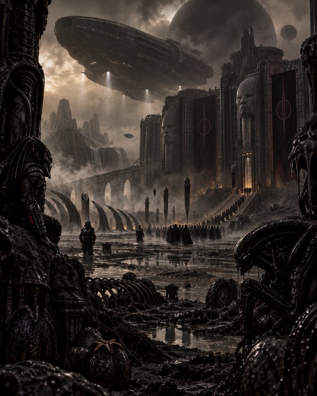 Grimdark alien sci-fi city with floating dreadnoughts, robed crowds, brutalist temples and xenomorph-like lifeforms under