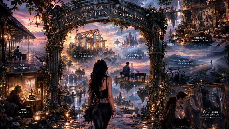 A woman stands with her back to the viewer beneath an ornate arch overlooking the surreal World of Forgotten Promises