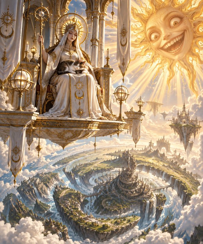 Celestial sun goddess sits on an ornate floating throne petting a cat beside a grinning personified sun above cloud kingdoms