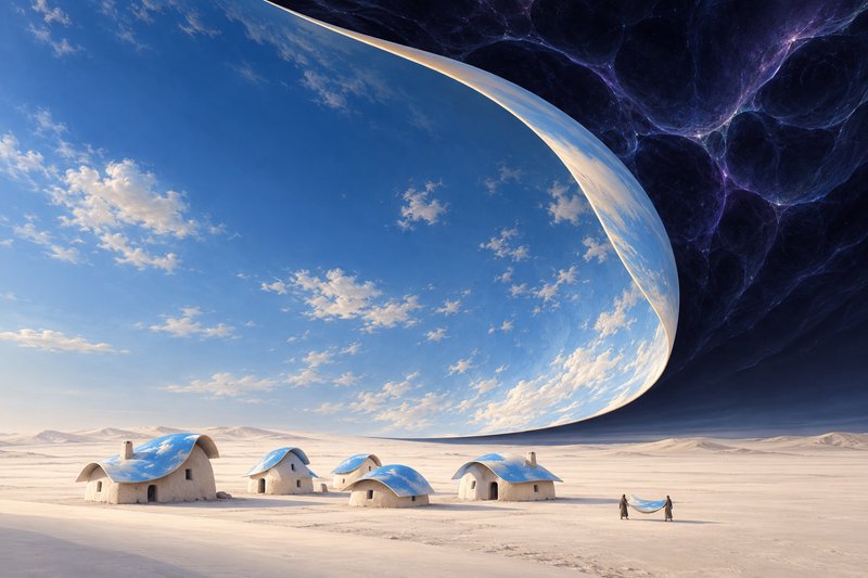 Surreal curved sky folds into a glowing cosmic void above whimsical huts on a pale desert plain