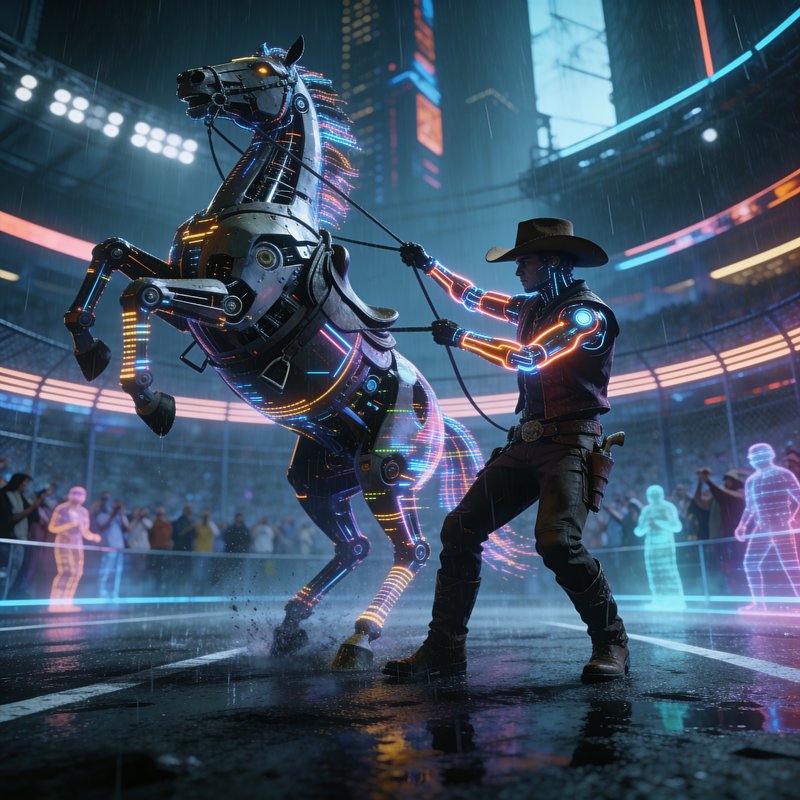 Cyberpunk cowboy with glowing prosthetic arms holds a rearing neon robotic horse in a rainy futuristic arena