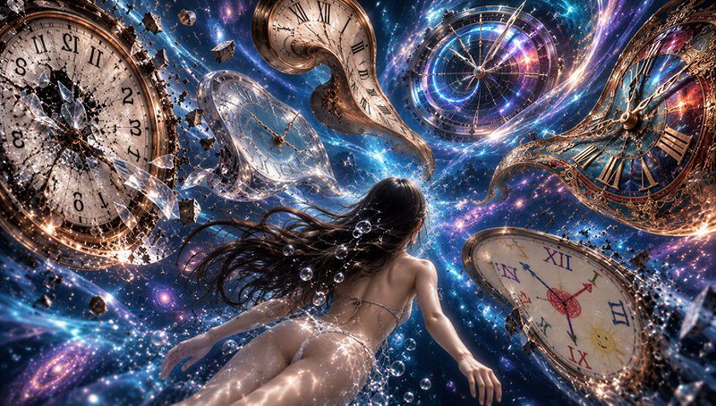 Floating woman drifts through swirling cosmic space surrounded by distorted melting antique clocks