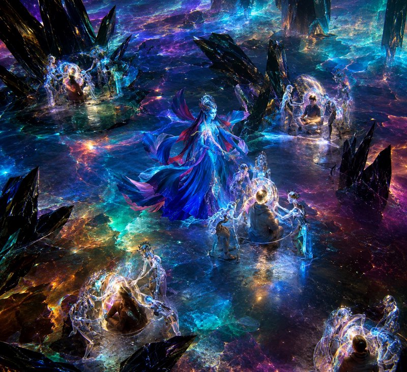 Ethereal blue fae queen presides over ritual circles of humans and crystal spirits in a glowing r...