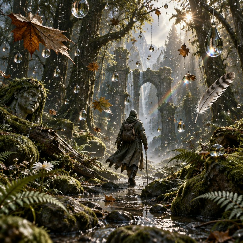 Hooded wanderer walks through an enchanted sunlit forest toward overgrown ancient stone ruins and a waterfall