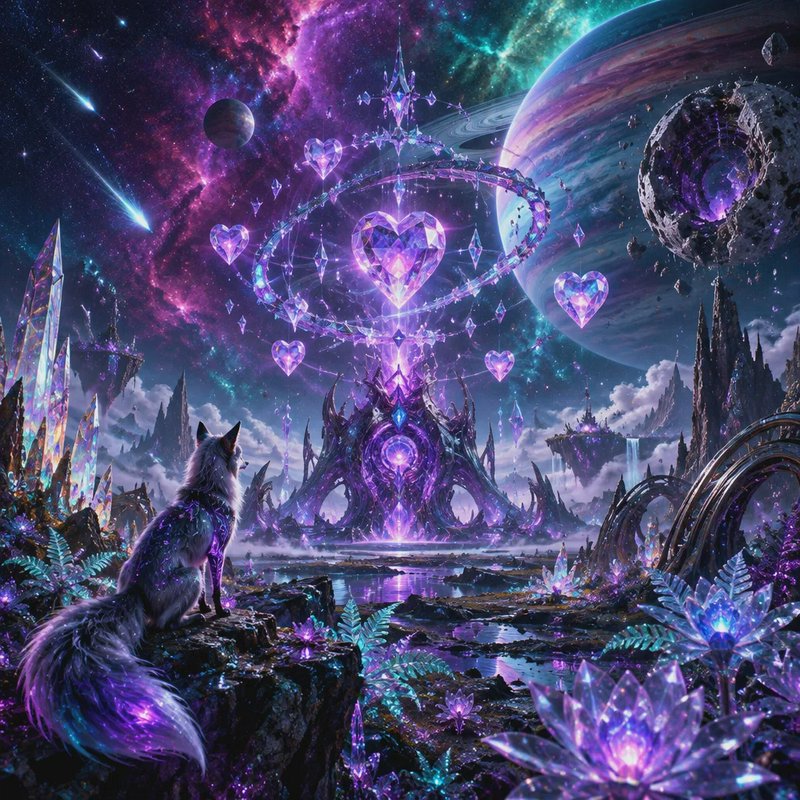 Glowing celestial fox sits on a rocky outcrop gazing at floating purple crystal hearts above a cosmic fantasy landscape