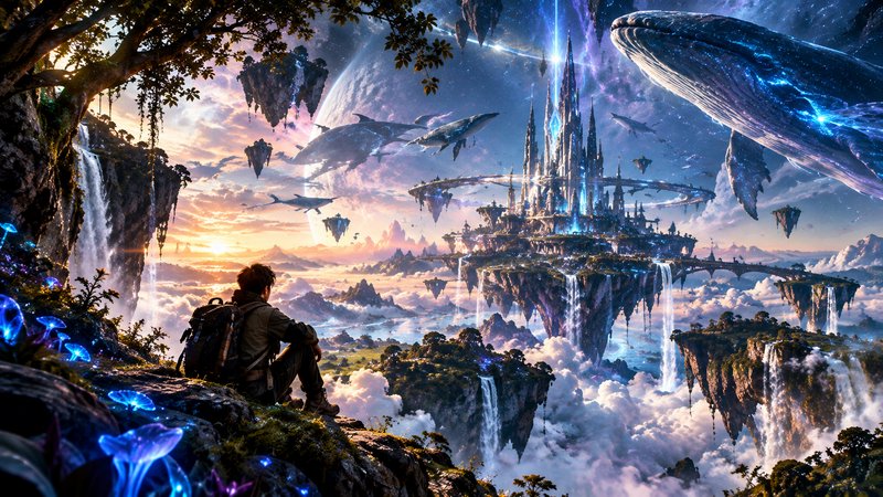 Lone backpacker sits on a cliff edge overlooking floating fantasy castles and sky whales above a ...