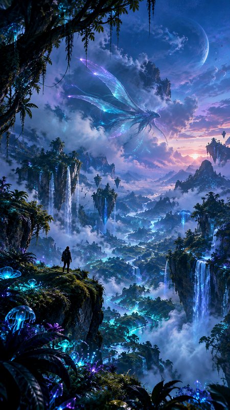 Lone hiker on a cliff overlooks a floating fantasy valley as a glowing ethereal dragon soars over...